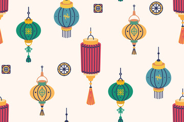 Seamless pattern, simple ornament with traditional festive lanterns. Cute surface design with colorful Chinese paper lanterns. Wallpaper, textile decor. Vector illustration.