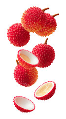 Fresh lychee fruit with opened skin and leaves isolated on transparent white background, clipping path