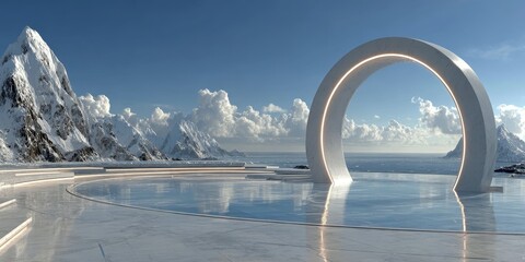 Futuristic circular glass stage with illuminated display screen against icy mountain backdrop – minimalist high-tech advertising poster with extreme HD resolution