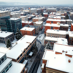 Naklejka na ściany i meble city, urban, aerial, drone, cityscape, buildings, rooftops, residential, neighborhood, snow, winter, cold, residential, architecture, houses, streets, pattern, texture, overhead, view, bird's eye, win