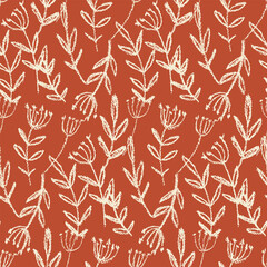 Seamless floral pattern, abstract nature print with sketch silhouettes of wild plants. Stylish botanical design of hand drawn flowers, large leaves. Vector illustration in two colors.
