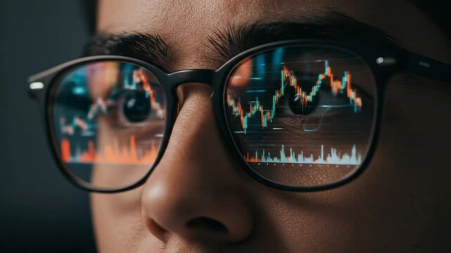 Close up of a person wearing glasses with stock market data reflected in the lenses