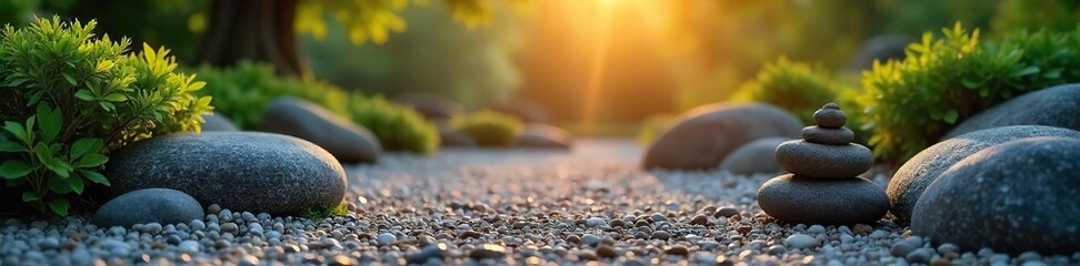 Tranquil Zen Garden at Dawn Peaceful Rocks, Gravel, and Calming Light Create a Serene Atmosphere Ideal for Meditation and Mindfulness