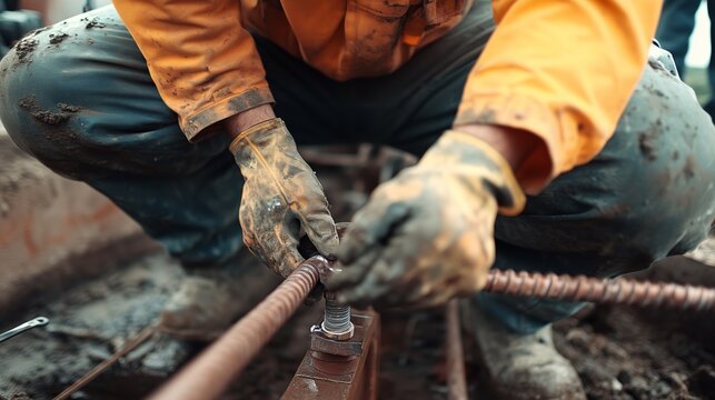 Construction worker handling rebar in muddy construction site during daytime