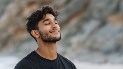 Young Indian man taking fresh air by the sea. Deep Breathing, mental wellness, and Serenity