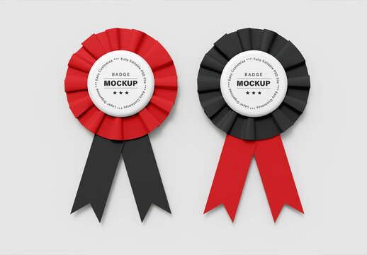 Badge Mockup PSD Template with Red & Black Ribbons