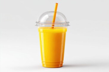 Refreshing orange juice in a clear plastic cup with a straw, perfect for summer refreshment.
