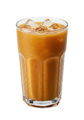 Iced coffee drink with ice in a tall glass. Drink has condensation on glass