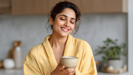 Smiling Indian Woman Holding Coffee Mug in the Morning. Peaceful Start, Relaxation, and Calmness