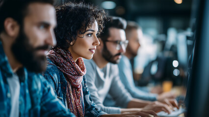 Diverse people working together on computers. online security, corporate job, and cyber security