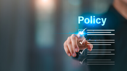 document verification concept ,Businessman checking the steps through document with a list of checkboxes ,legal advice ,ethics concept ,Rules and policies ,Terms and conditions ,policy management