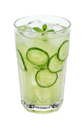 Refreshing cucumber drink with ice and mint in a glass, sparkling and thirst-quenching