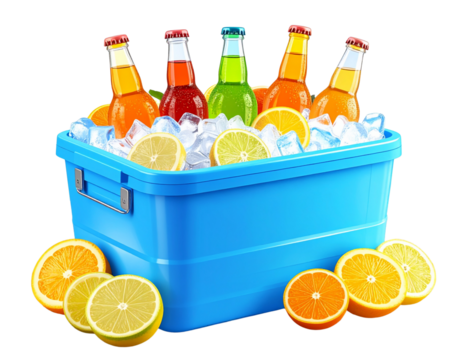  Blue Cooler Full of Ice and Bottled Drinks on Rustic Table with Citrus