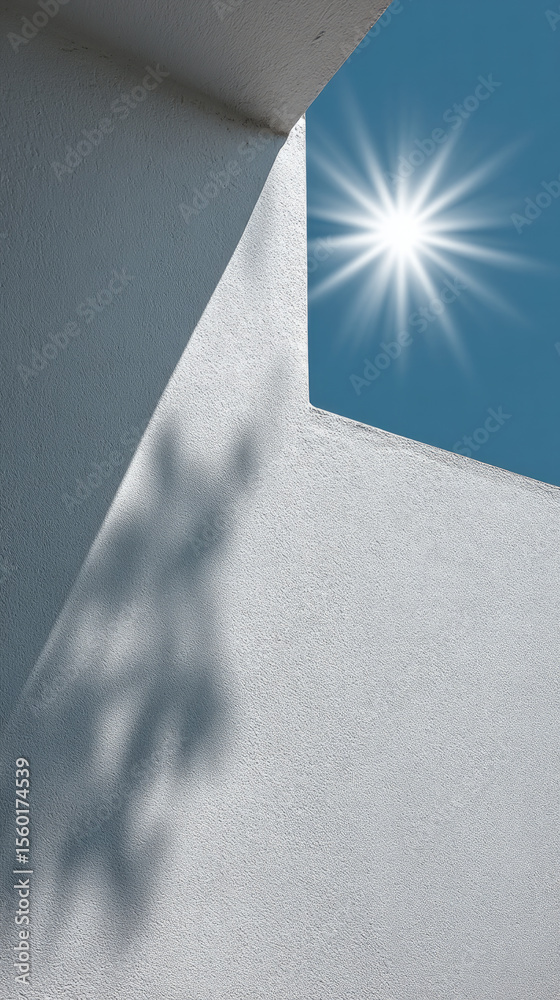 Poster sunlight shines through geometric opening onto white wall, casting soft shadow and creating minimal,