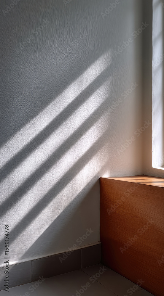 Poster sunlight casts diagonal shadows on white textured wall, wooden corner and tiled floor, creating calm