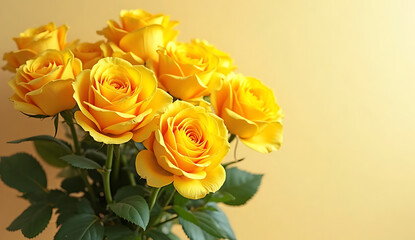 Bright yellow roses with lush green leaves against a soft yellow background, showcasing fine detail, 4K and HD image.
