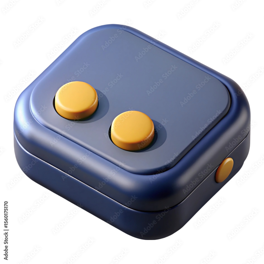 Poster 3 d render of a dark blue square device with two yellow buttons on top and a single yellow button on