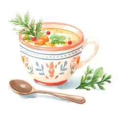 Warm Winter Delight A Festive Cup of Creamy Soup, Garnished with Berries and Herbs, Perfect for a Cozy Christmas Eve