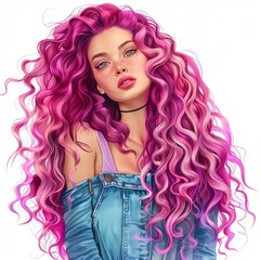 Fototapeta premium Young woman with long pink hair is posing for a fashion portrait