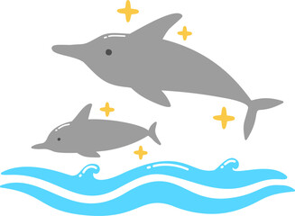 Hand drawn dolphins swimming in the ocean retro groovy boho summer elements cartoon doodle 