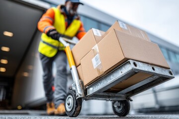 Fototapeta premium worker pushing hands truck with boxes