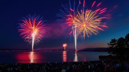Dazzling fireworks illuminate the night sky over a tranquil lake, casting colorful reflections as a crowd gathers to celebrate a festive occasion during a summer evening.