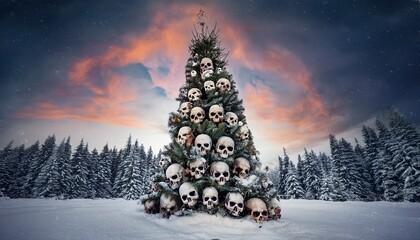 spooky christmas tree decorated with skulls in snowy winter scene