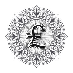 Engraved Pound Symbol in Mandala Art Black and White Currency Motif Design for Finance Wealth and International Market Concepts
