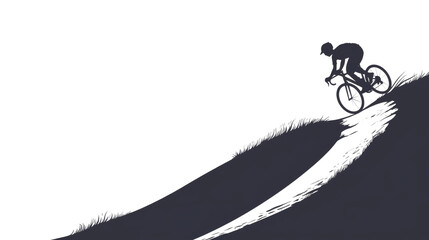 Silhouette of cyclist riding bicycle uphill on isolated transparent background.