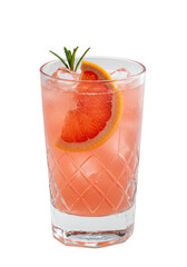 Refreshing pink cocktail with grapefruit slice and rosemary sprig in a tall textured glass