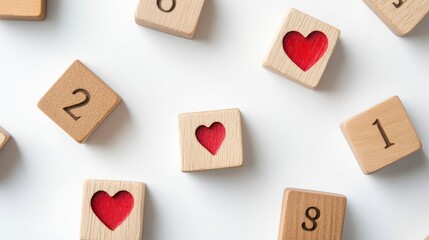 Wooden Blocks with Numbers and Hearts on White Background