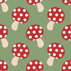 Cute red mushroom pattern with white dots on green background. Fun and whimsical design, perfect for kids, woodland themes, or nature-inspired products.