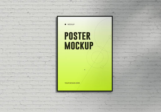 Modern Wall Frame Poster Mockup on White Brick Background