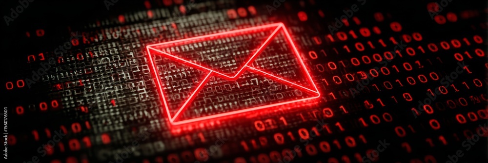 Poster phishing scam alert email symbol on computer binary code warns of intrusion risks and dangers