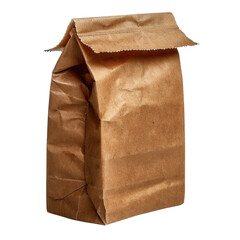 Crumpled brown paper bag stands upright, showcasing its textured surface and folded top. This simple yet versatile packaging evokes sense