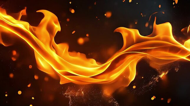 Flowing fire energy ribbon with glowing sparks on dark background