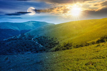 discover the beauty of mountain landscape in summer. scenic travel background with rolling hills and steep slopes with sun and moon. alpine environment. day and night time change concept
