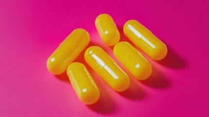 Bright Yellow Capsules on Pink Background