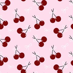 Cute cherry pattern with white bows on pink background. Sweet and girly design, perfect for fashion, fabric, or kawaii-themed products.