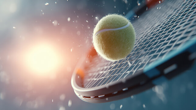 Tennis ball hitting racket with water droplets and sunlight, intense close up showing texture and motion in dynamic sports moment