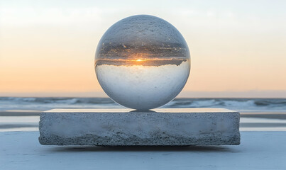 Marble sculpture reflects ocean sunset, serene and dreamlike
