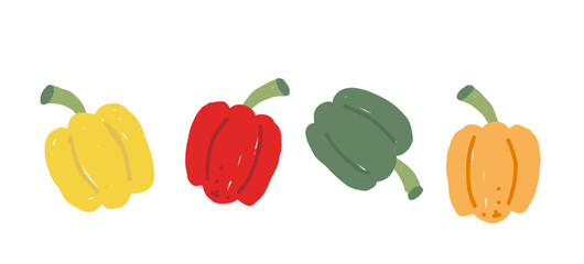 Hand-drawn illustration of four bell peppers in yellow, red, green, and orange colors arranged in a row.
