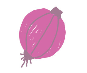 Hand-drawn illustration of a whole red onion with roots and stem cap in purple tones on white background.