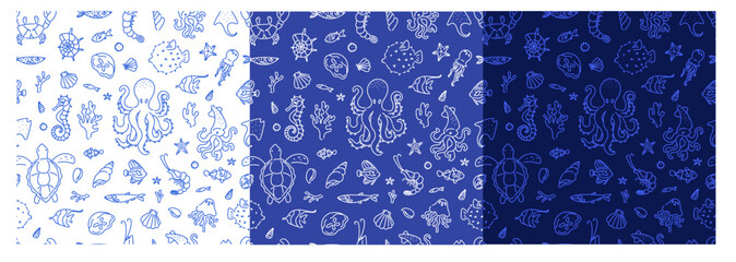Seamless pattern set with hand-drawn outline illustrations of octopus, turtle, seahorse, fish, coral, seashells, squid, and underwater creatures. Sea life and ocean animals concept.