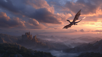 Obraz premium Mystical dragon flying above ancient castle in blue-toned mountain landscape under moonlight, symbolizing fantasy legend, mystery, darkness, magic world, and enchanted medieval adventure concept