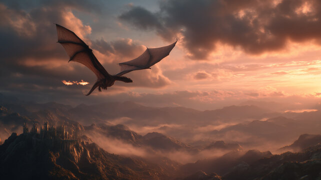 Epic dragon flying above medieval castle at sunset in magical mountain landscape with glowing clouds, symbolizing fantasy adventure, myth, legend, freedom, and high fantasy atmosphere
