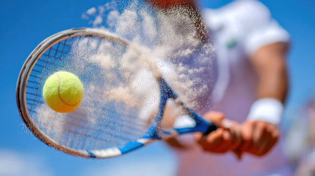 Tennis player hitting ball with racket on clay court, dust flying in air, action shot capturing dynamic sports moment with blue sky background and athletic focus