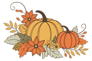Seasonal Pumpkin Floral Wreath on White Background