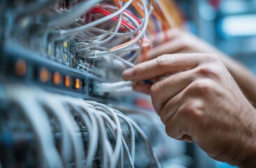 Skilled hands meticulously connect network cables to a server, highlighting intricate data infrastructure.