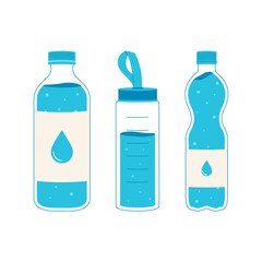 Set of three water bottles in flat vector style. Clean blue design, ideal for hydration, fitness, wellness, and eco-friendly themes in print and digital media.